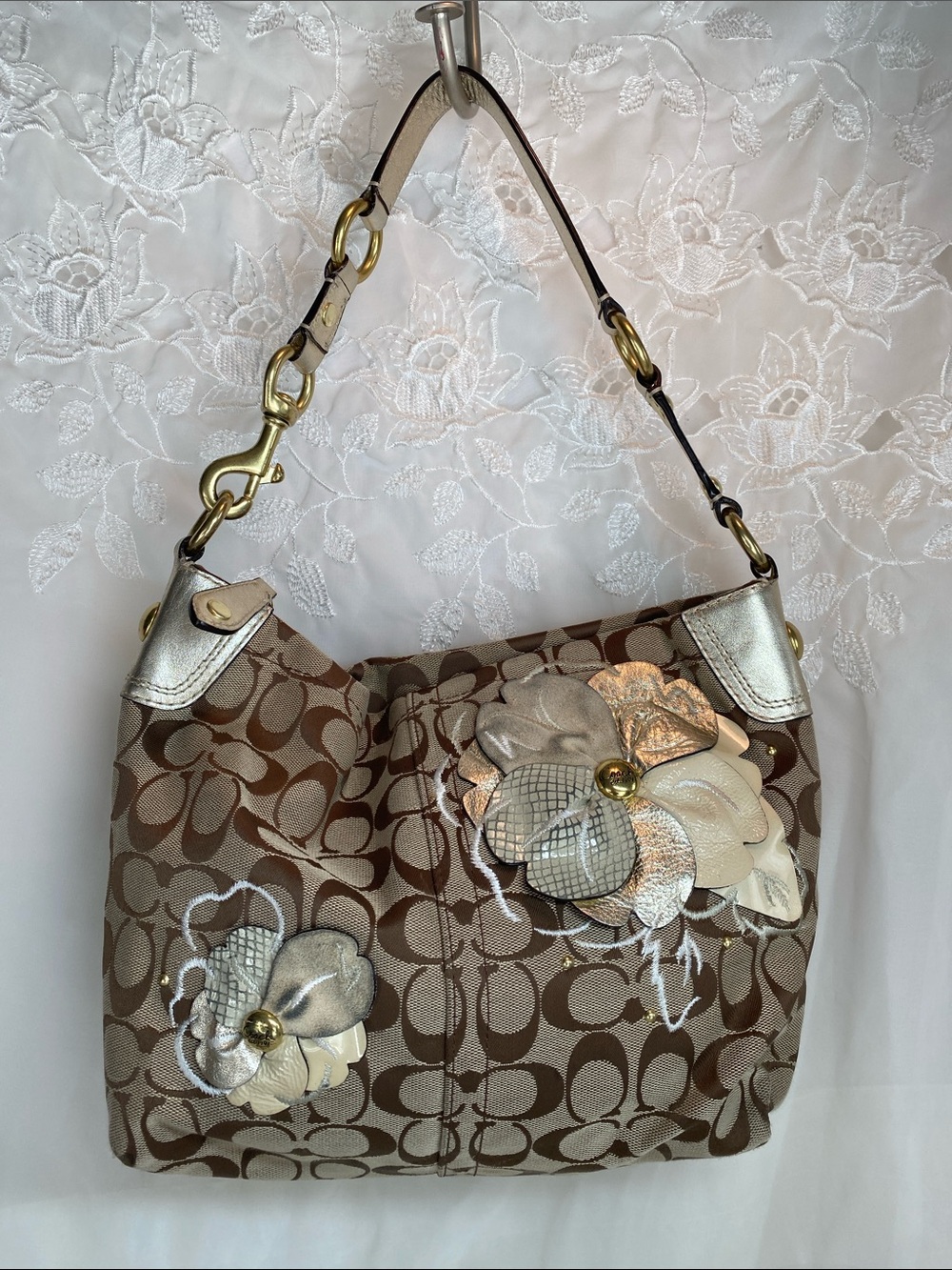 Coach F16879 Brown Signature Canvas Shoulder Bag Metallic Floral AppliquΓ©s